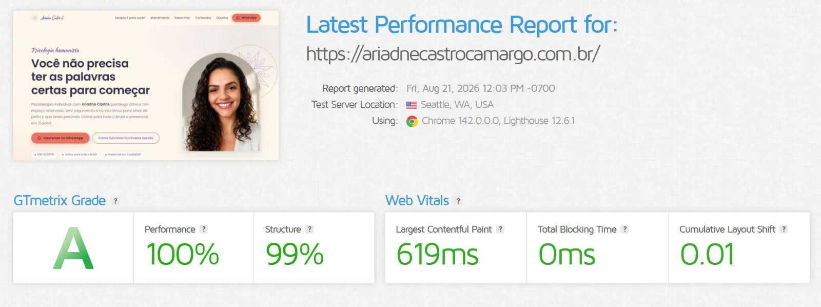 Relatório GTmetrix de site feito pela DAZ: nota A, performance 100%